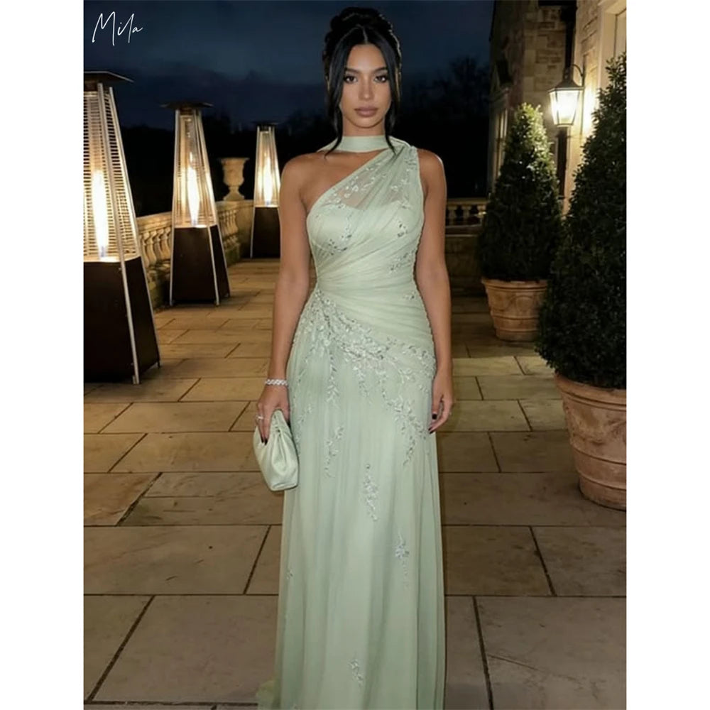 ELARA | Light Green Floral Embroidered One Shoulder A-Line Gown