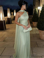 ELARA | Light Green Floral Embroidered One Shoulder A-Line Gown
