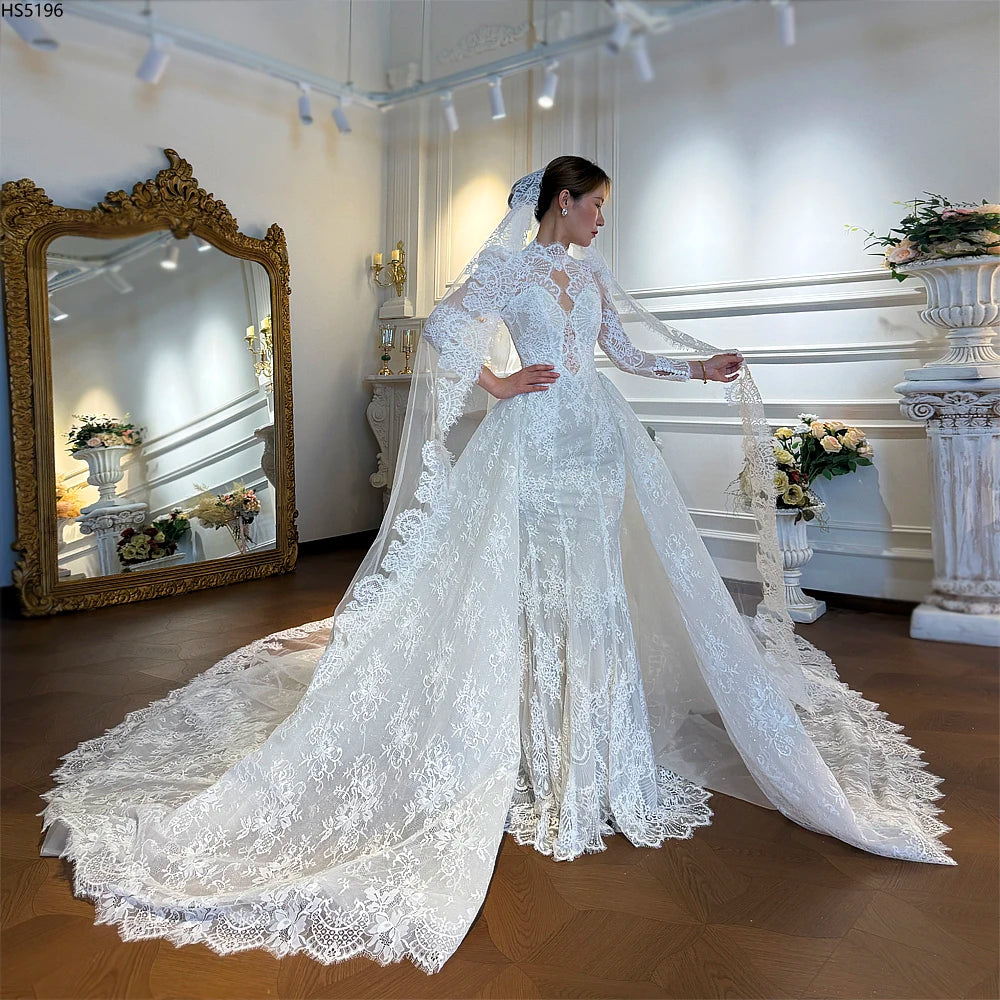 High Neckline Soft Lace Mermaid With Detachable Train Wedding Dress