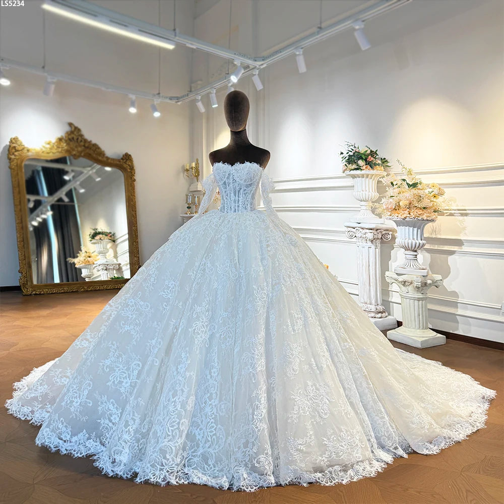 French Lace Ball Gown Wedding Dress With Detachable Straps and Sleeves