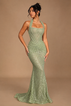 SANSA | Mint Green Halter Sequin Lace Evening Gown with Ruched Waist