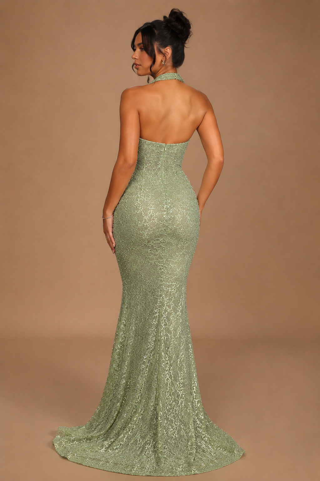 SANSA | Mint Green Halter Sequin Lace Evening Gown with Ruched Waist