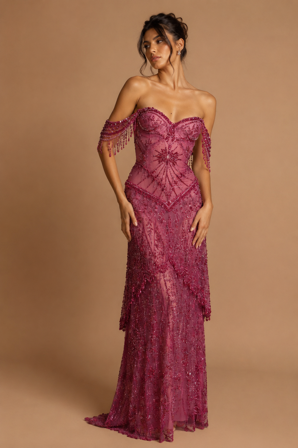 AZARIA | Fuchsia Arabic Beaded A-Line Evening Gown for Formal Occasions