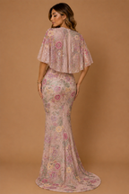 ROSALINE | Pink Sweetheart Floral Lace Mermaid Evening Gown with Cape