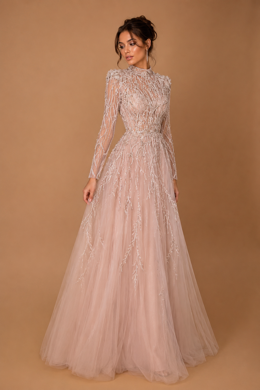 MAELLE | Mauve Sequin Beaded Long Sleeve Evening Gown with Feather Detail