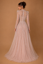 MAELLE | Mauve Sequin Beaded Long Sleeve Evening Gown with Feather Detail