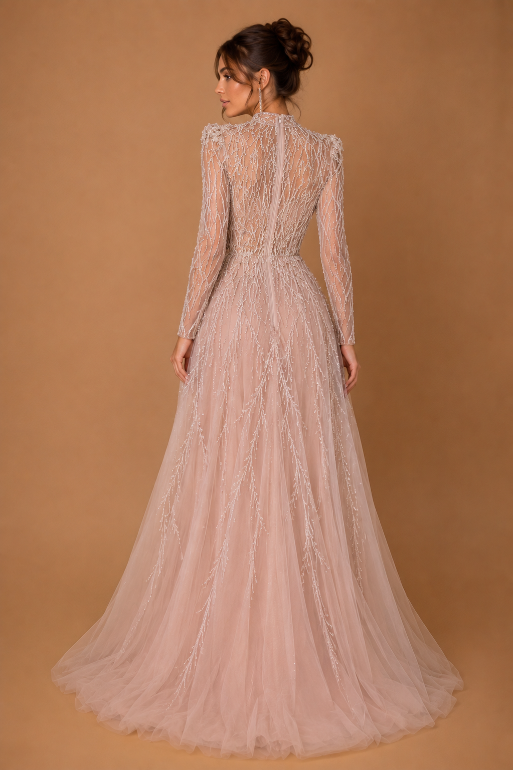 MAELLE | Mauve Sequin Beaded Long Sleeve Evening Gown with Feather Detail