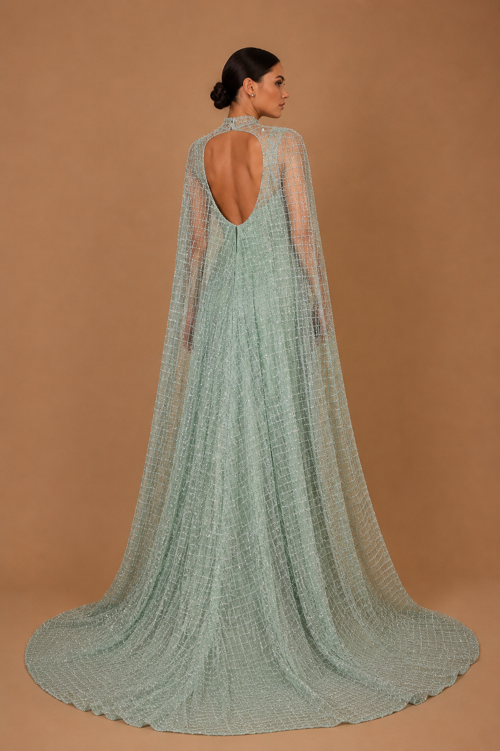 LUNARA | Elegant High Collar Cap Sleeve Sheath Evening Gown with Floor-Length Slit