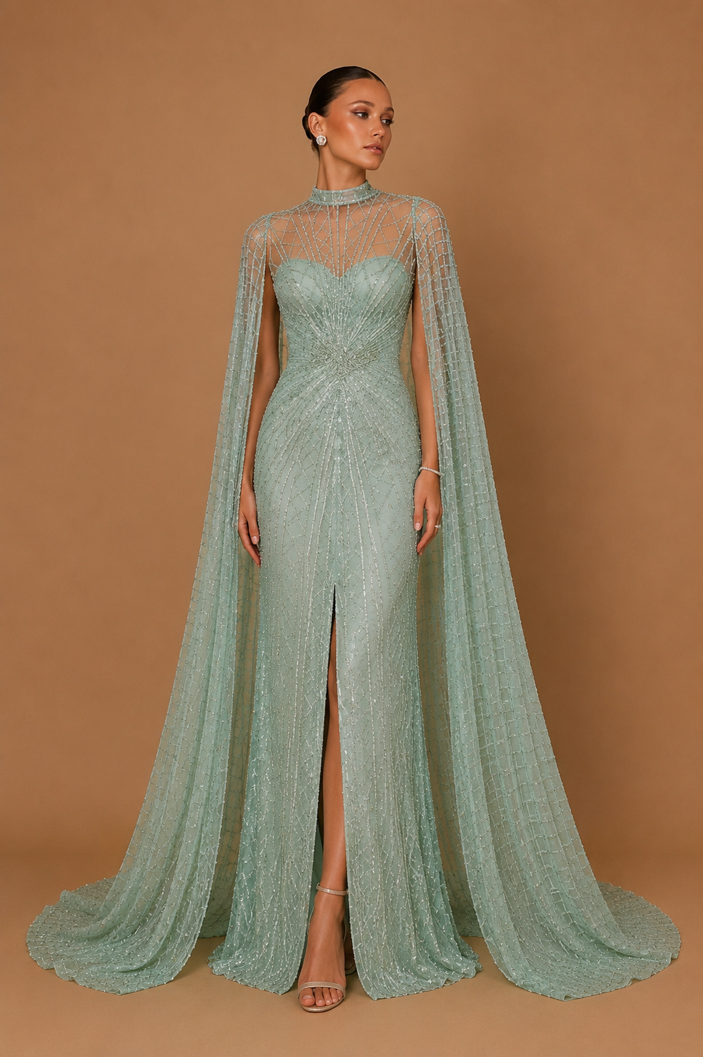 LUNARA | Elegant High Collar Cap Sleeve Sheath Evening Gown with Floor-Length Slit