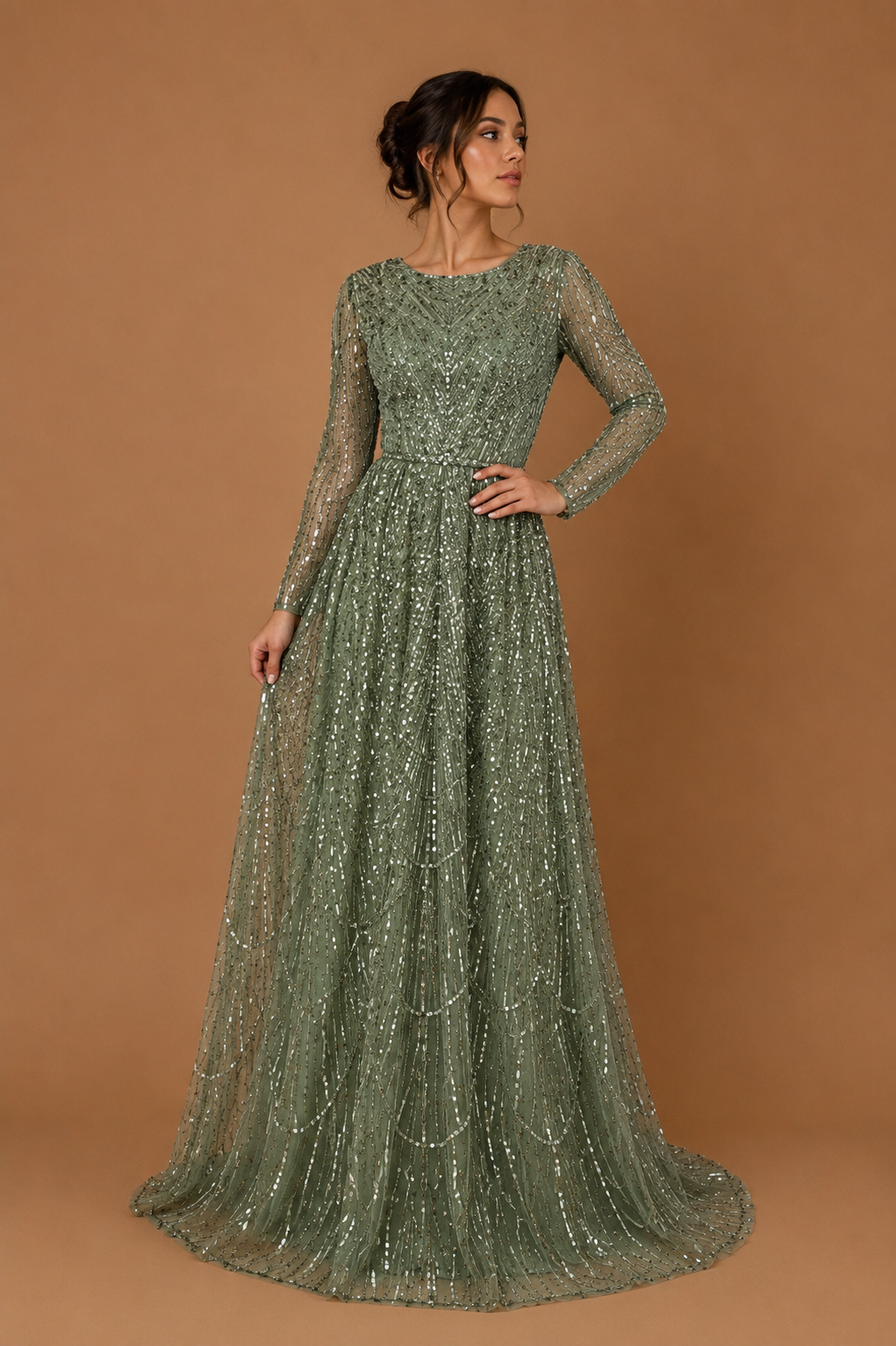 MINA | Luxury Beaded Sequin Long Sleeve Evening Gown with Round Neck