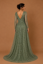 MINA | Luxury Beaded Sequin Long Sleeve Evening Gown with Round Neck