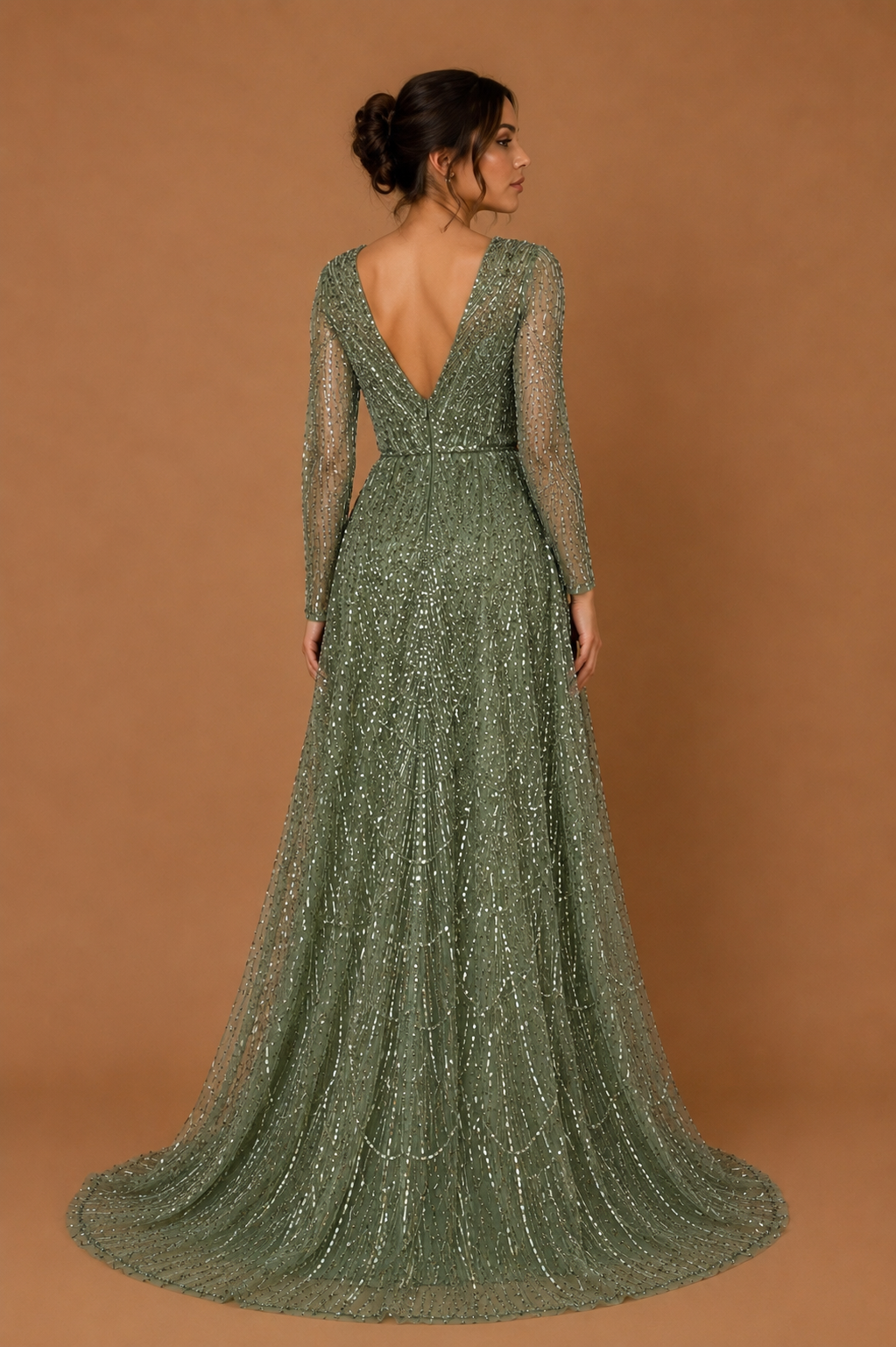 MINA | Luxury Beaded Sequin Long Sleeve Evening Gown with Round Neck