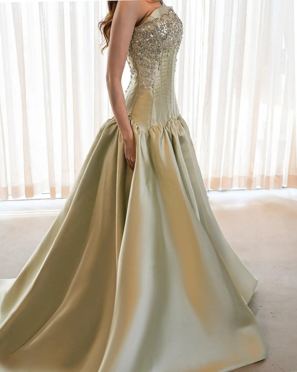 SANSA | Champagne Gold Beaded Corset Strapless Satin Ball Gown