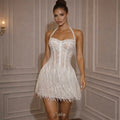 MARISOL | White Pearl Tassel Halter Mini Dress with Lace-Up Back