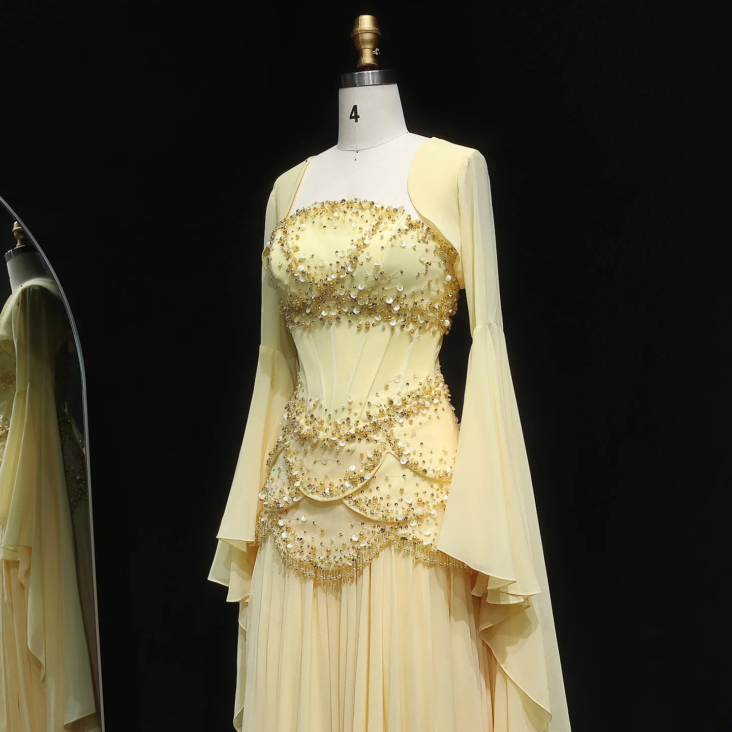SERAPHINA | Hand-Beaded Corset Draped-Sleeve Chiffon Evening Gown