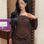 ISOLDE | Dark Brown Strapless Sequin Mermaid Prom Dress with Detachable Lace Sleeves