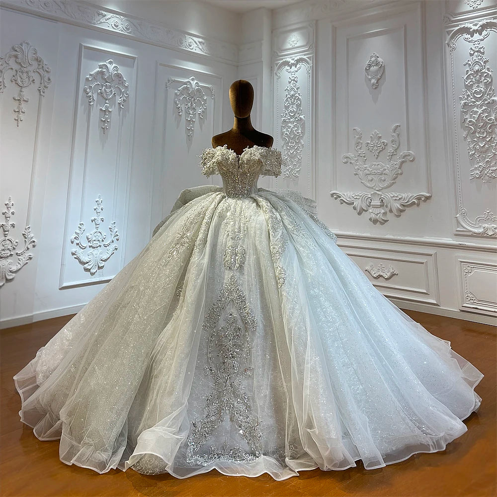 Customized Off The Shoulder Sleeves Beading Wedding Dress