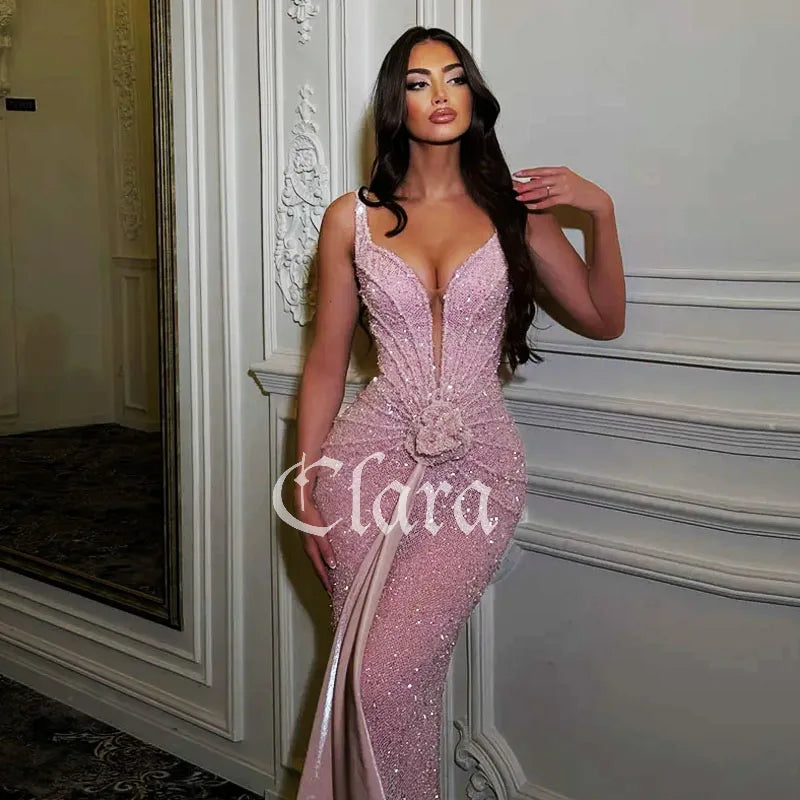 CLARA | Pink Sequin Mermaid Evening Gown with Spaghetti Straps