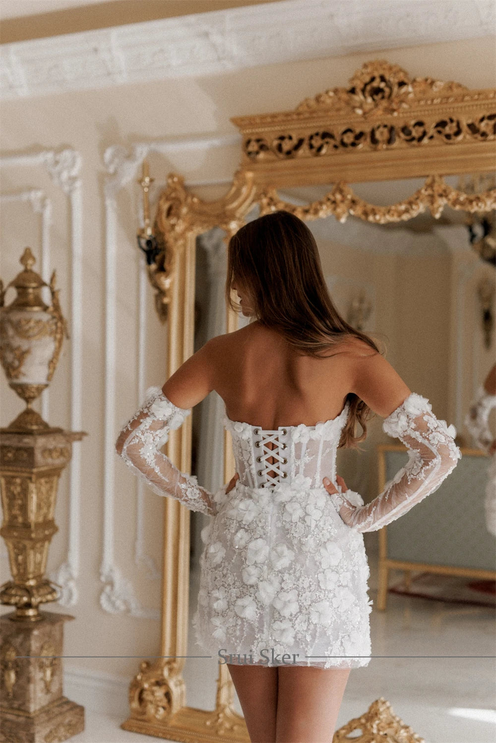 BIANCA | Detachable Long Sleeve Embroidered 3D Floral Mini Wedding Dress Bridal Gown