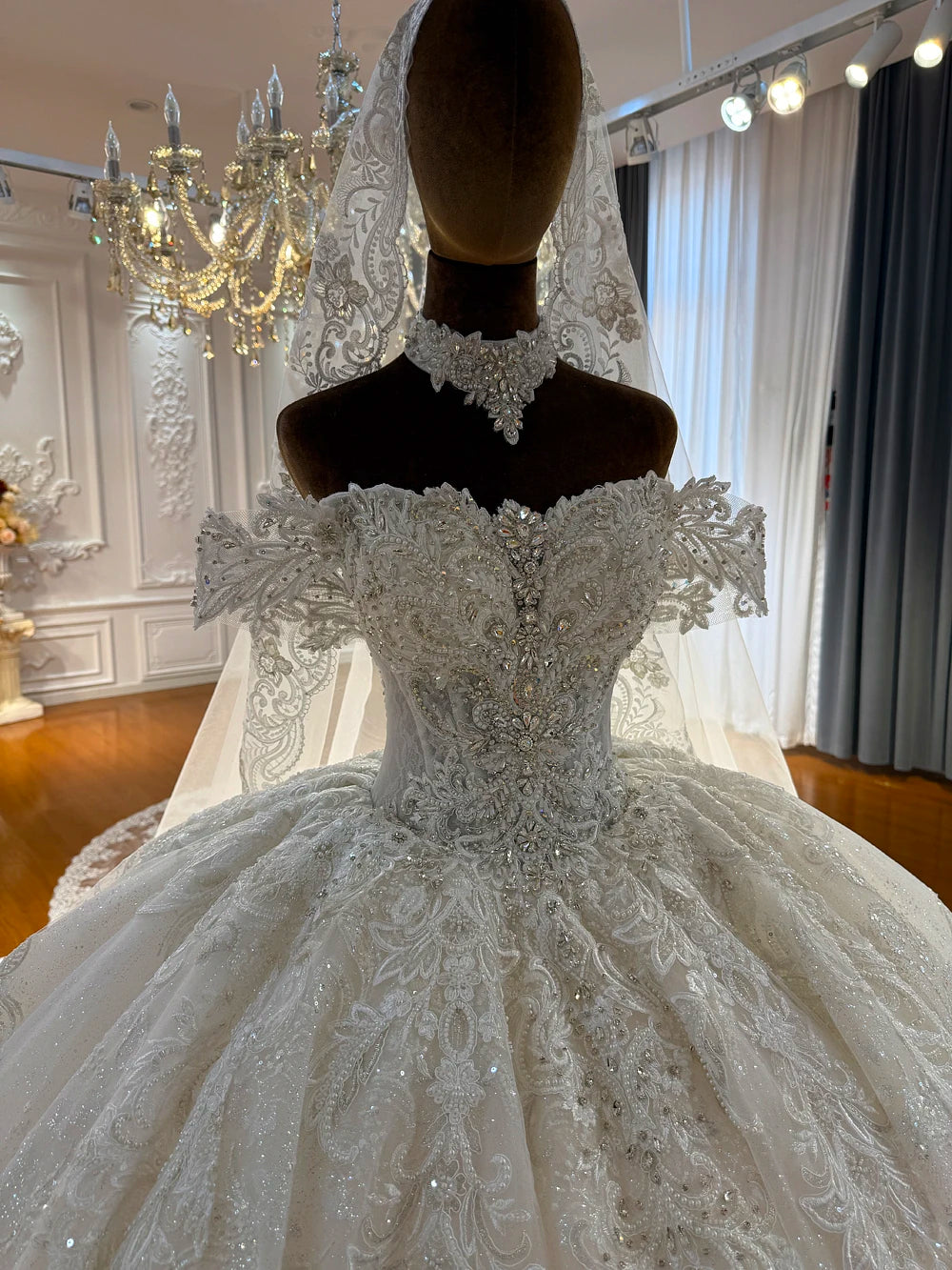 ISADORA | Ivory Off-Shoulder Lace Corset Ball Gown Wedding Dress with Cathedral Train