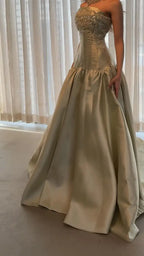 SANSA | Champagne Gold Beaded Corset Strapless Satin Ball Gown