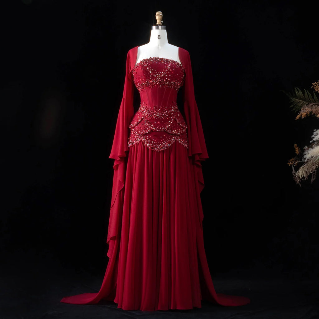 SERAPHINA | Hand-Beaded Corset Draped-Sleeve Chiffon Evening Gown