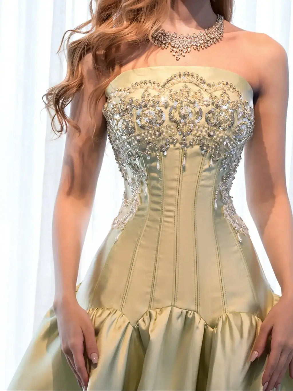 SANSA | Champagne Gold Beaded Corset Strapless Satin Ball Gown
