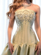 SANSA | Champagne Gold Beaded Corset Strapless Satin Ball Gown