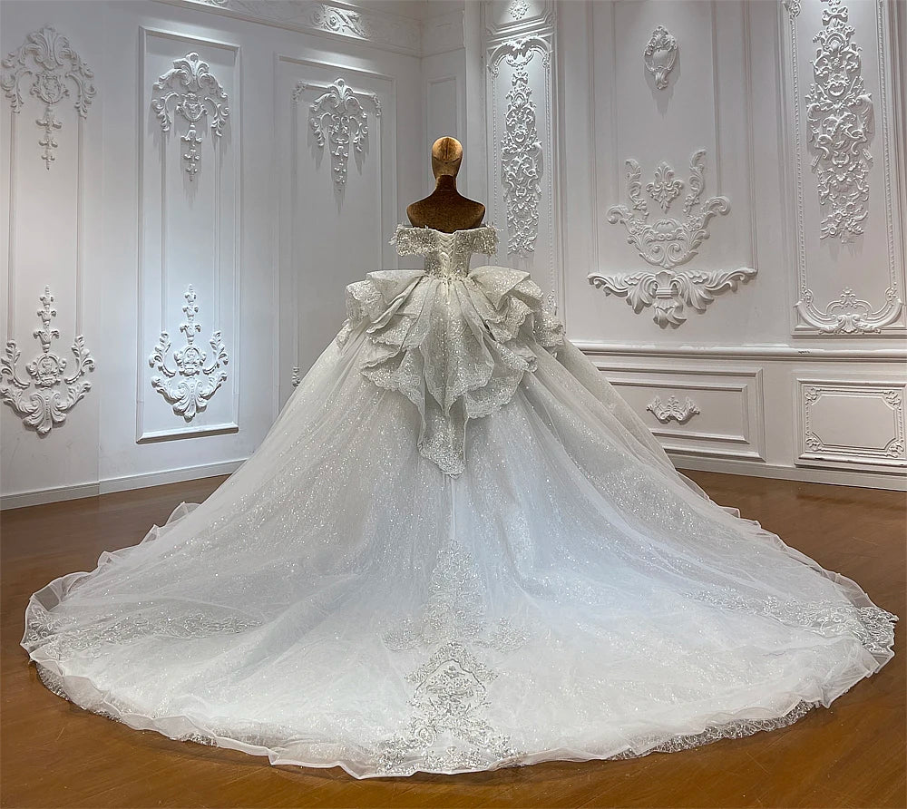 Customized Off The Shoulder Sleeves Beading Wedding Dress