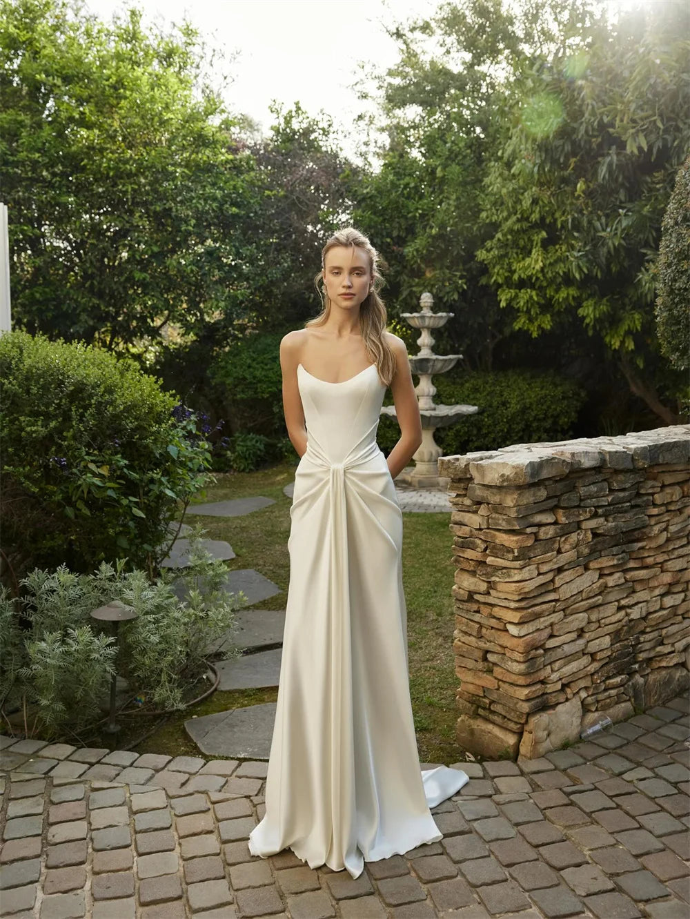 VARELIA | Strapless Draped Satin Sheath Couture Wedding Gown