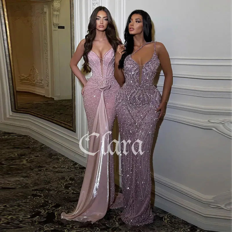 CLARA | Pink Sequin Mermaid Evening Gown with Spaghetti Straps