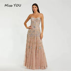 AURELLE | Champagne Sparkly Beaded Strapless Tulle Evening Gown with Crystal Zipper