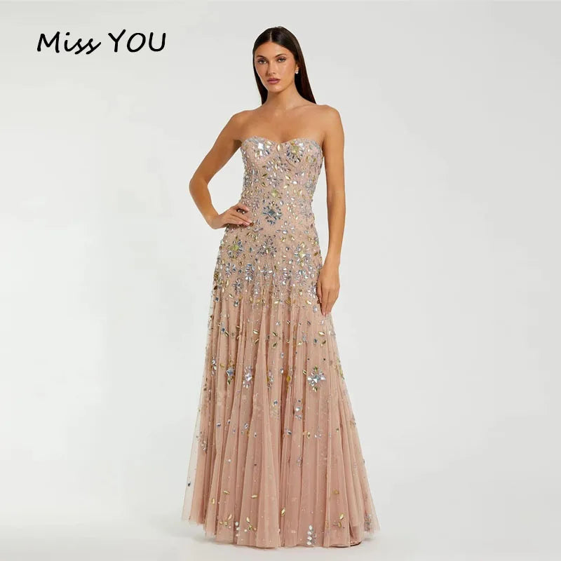 AURELLE | Champagne Sparkly Beaded Strapless Tulle Evening Gown with Crystal Zipper