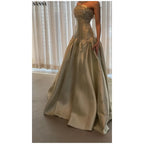 SANSA | Champagne Gold Beaded Corset Strapless Satin Ball Gown