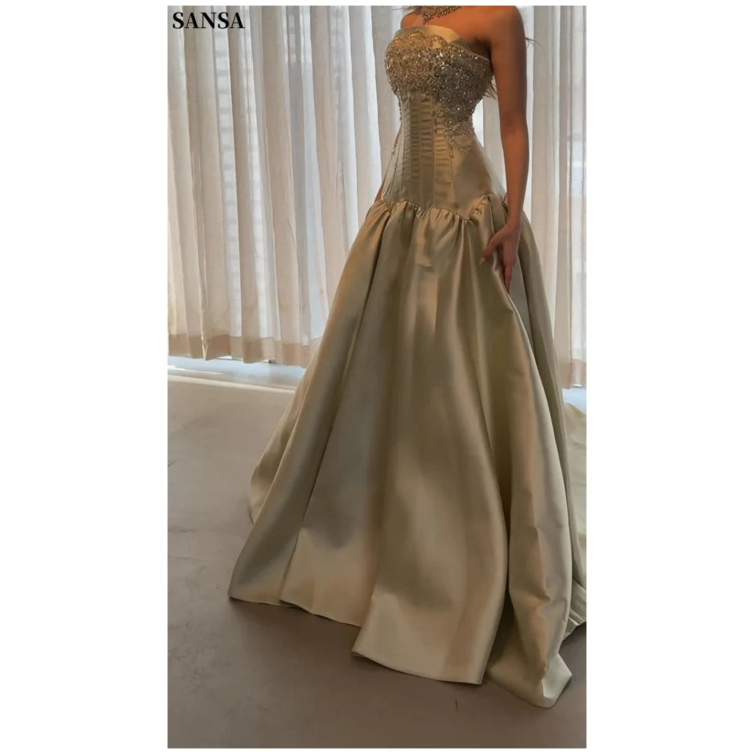 SANSA | Champagne Gold Beaded Corset Strapless Satin Ball Gown