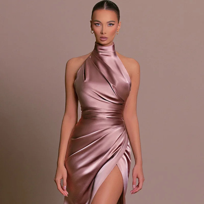 SABINE | Retro Satin Halter High Slit Maxi Dress