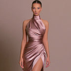 SABINE | Retro Satin Halter High Slit Maxi Dress