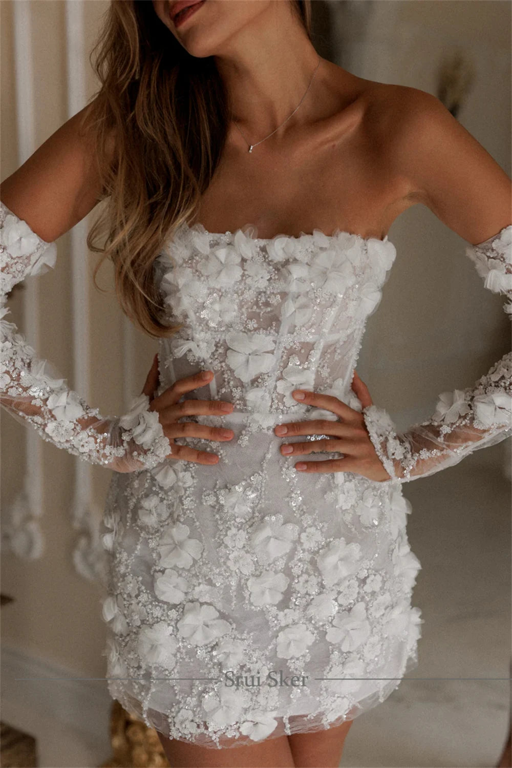 BIANCA | Detachable Long Sleeve Embroidered 3D Floral Mini Wedding Dress Bridal Gown