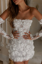 BIANCA | Detachable Long Sleeve Embroidered 3D Floral Mini Wedding Dress Bridal Gown