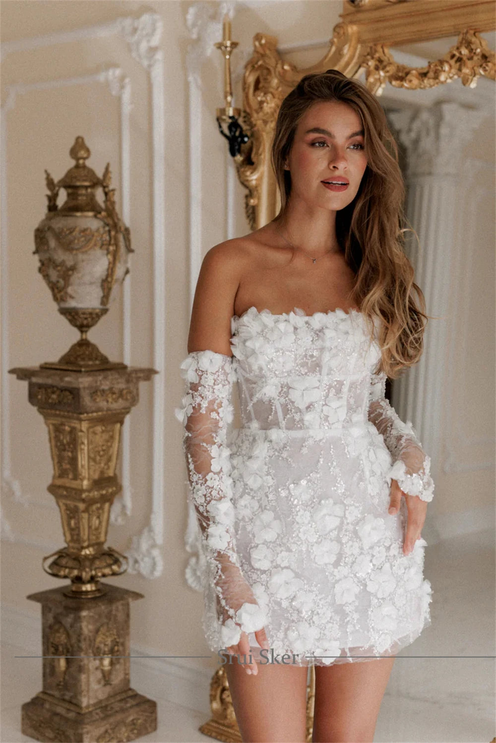BIANCA | Detachable Long Sleeve Embroidered 3D Floral Mini Wedding Dress Bridal Gown