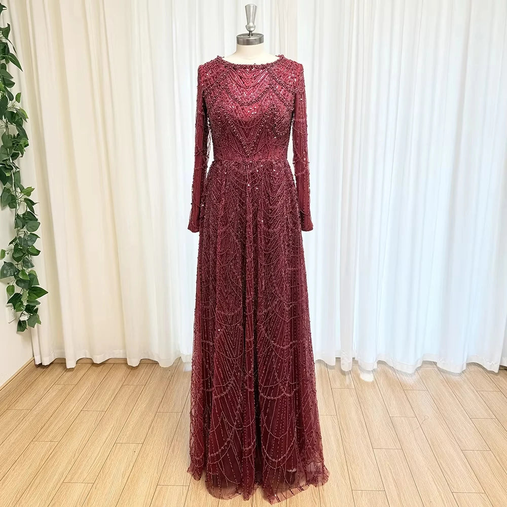 MINA | Luxury Beaded Sequin Long Sleeve Evening Gown with Round Neck