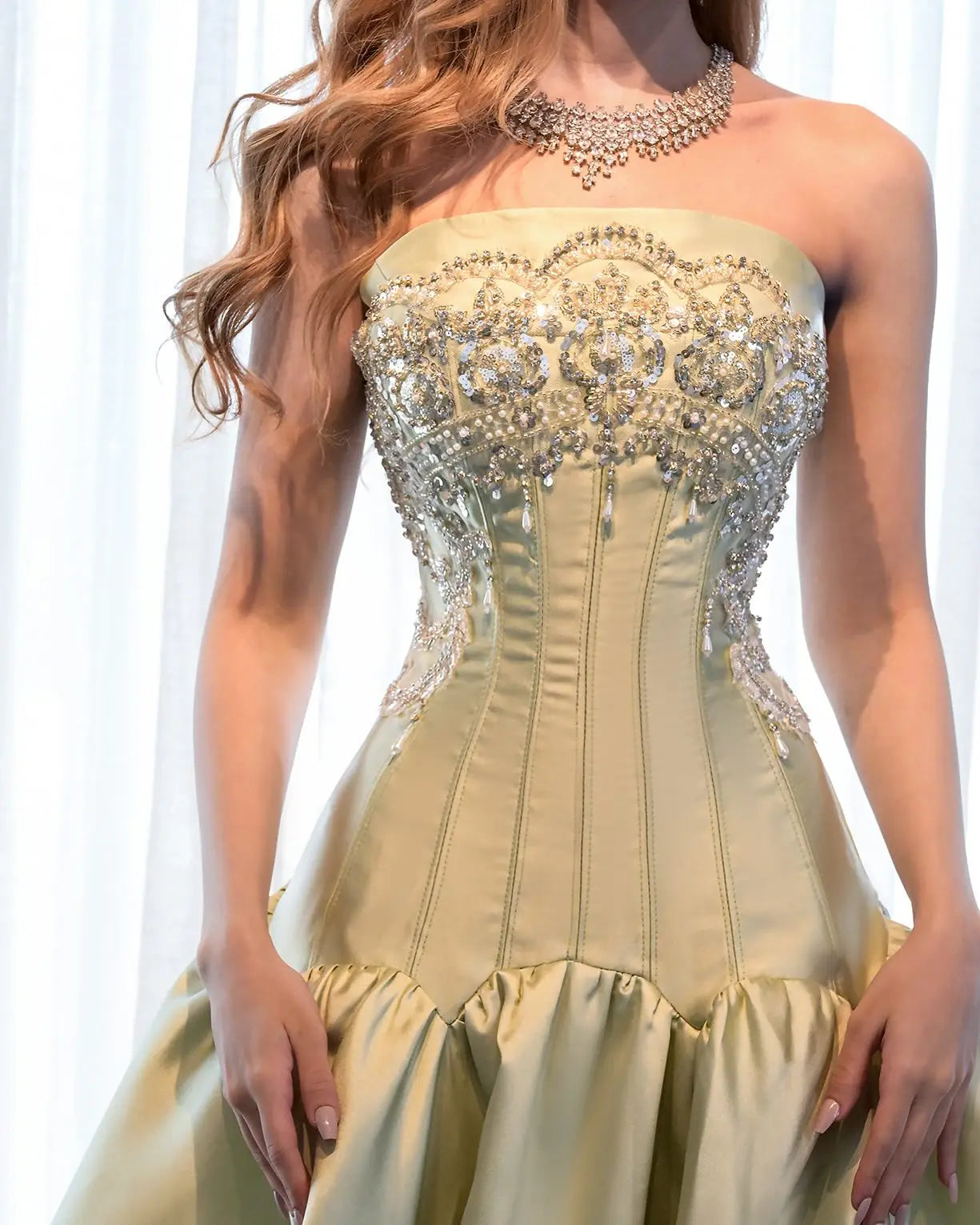 SANSA | Champagne Gold Beaded Corset Strapless Satin Ball Gown
