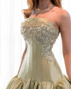 SANSA | Champagne Gold Beaded Corset Strapless Satin Ball Gown