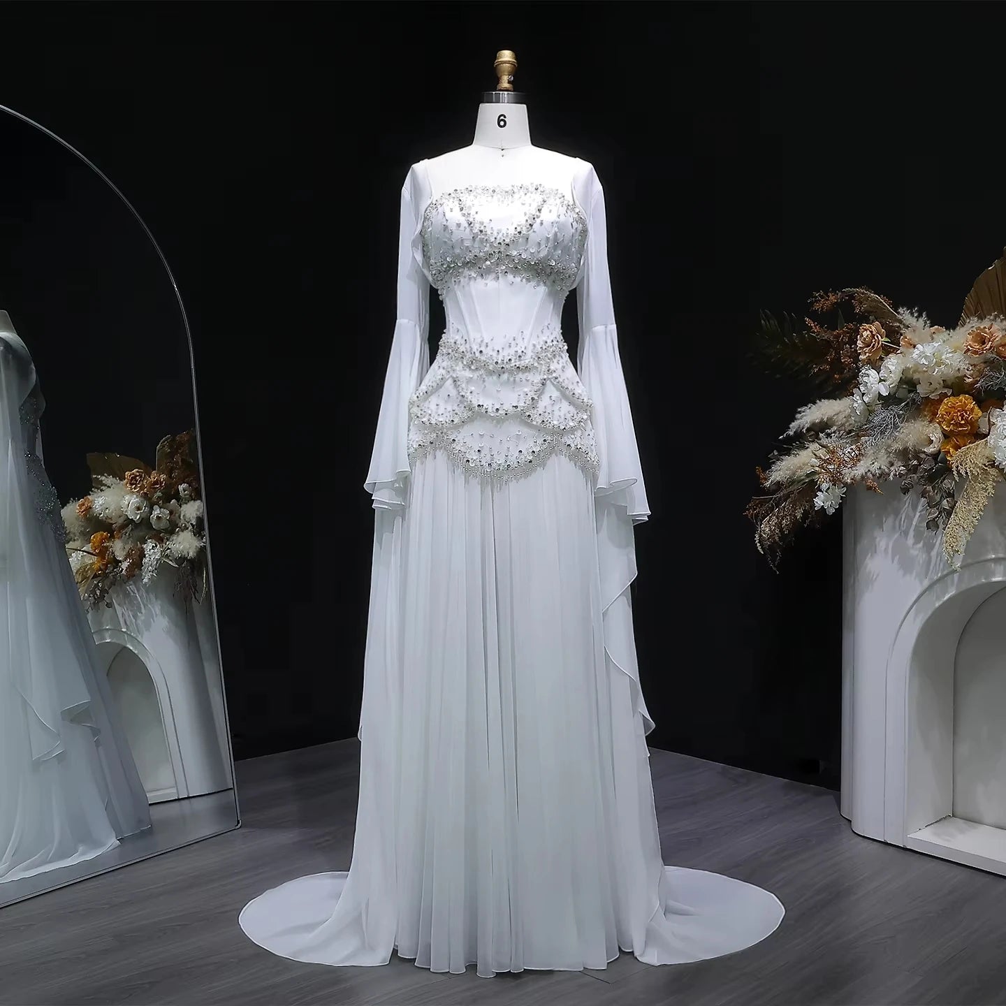 SERAPHINA | Hand-Beaded Corset Draped-Sleeve Chiffon Evening Gown