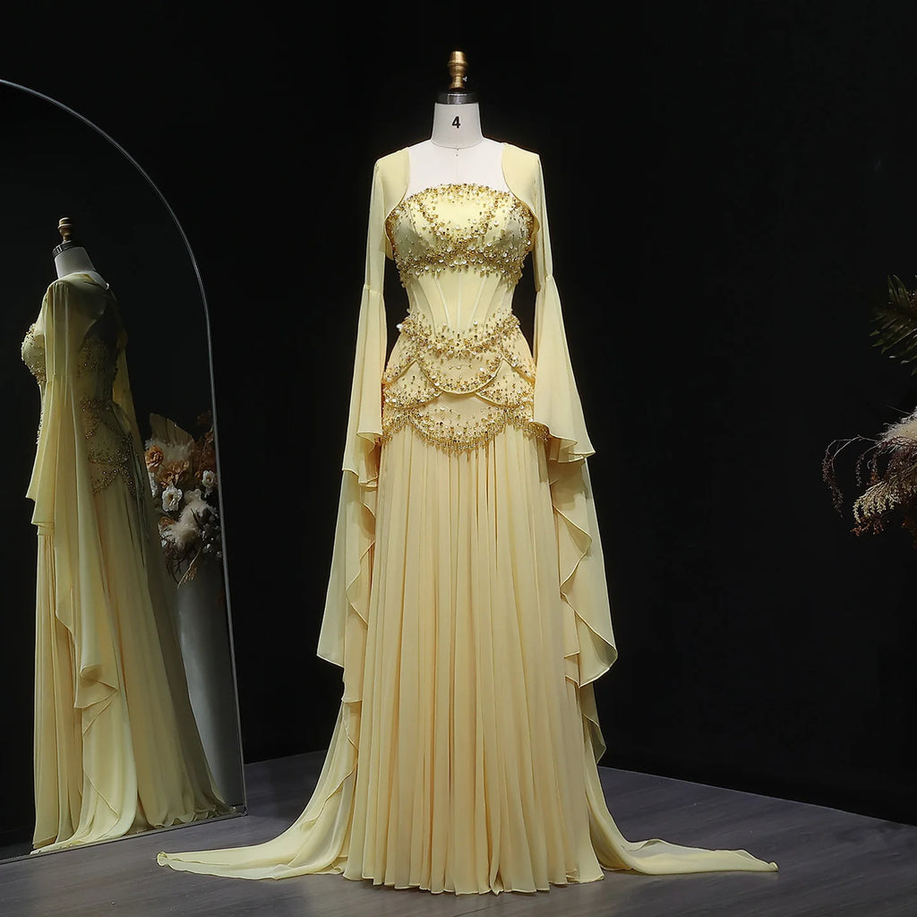 SERAPHINA | Hand-Beaded Corset Draped-Sleeve Chiffon Evening Gown