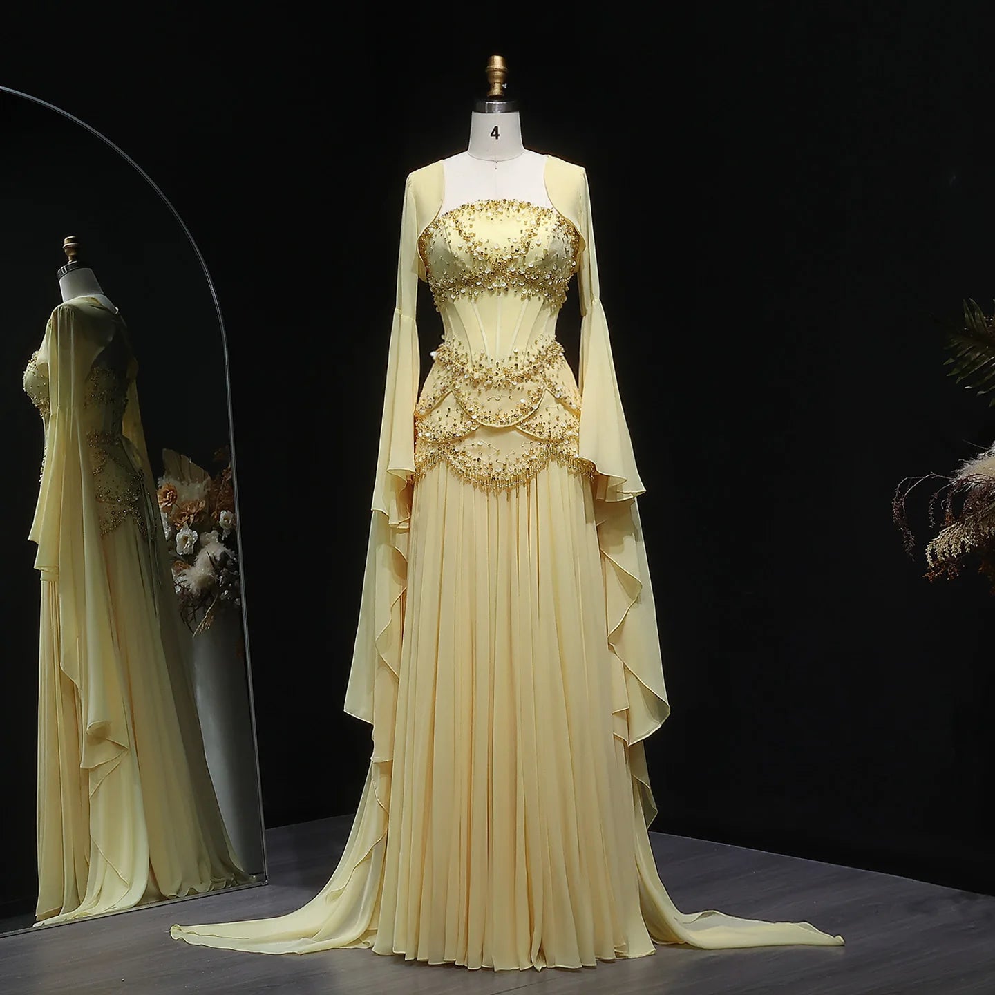 SERAPHINA | Hand-Beaded Corset Draped-Sleeve Chiffon Evening Gown