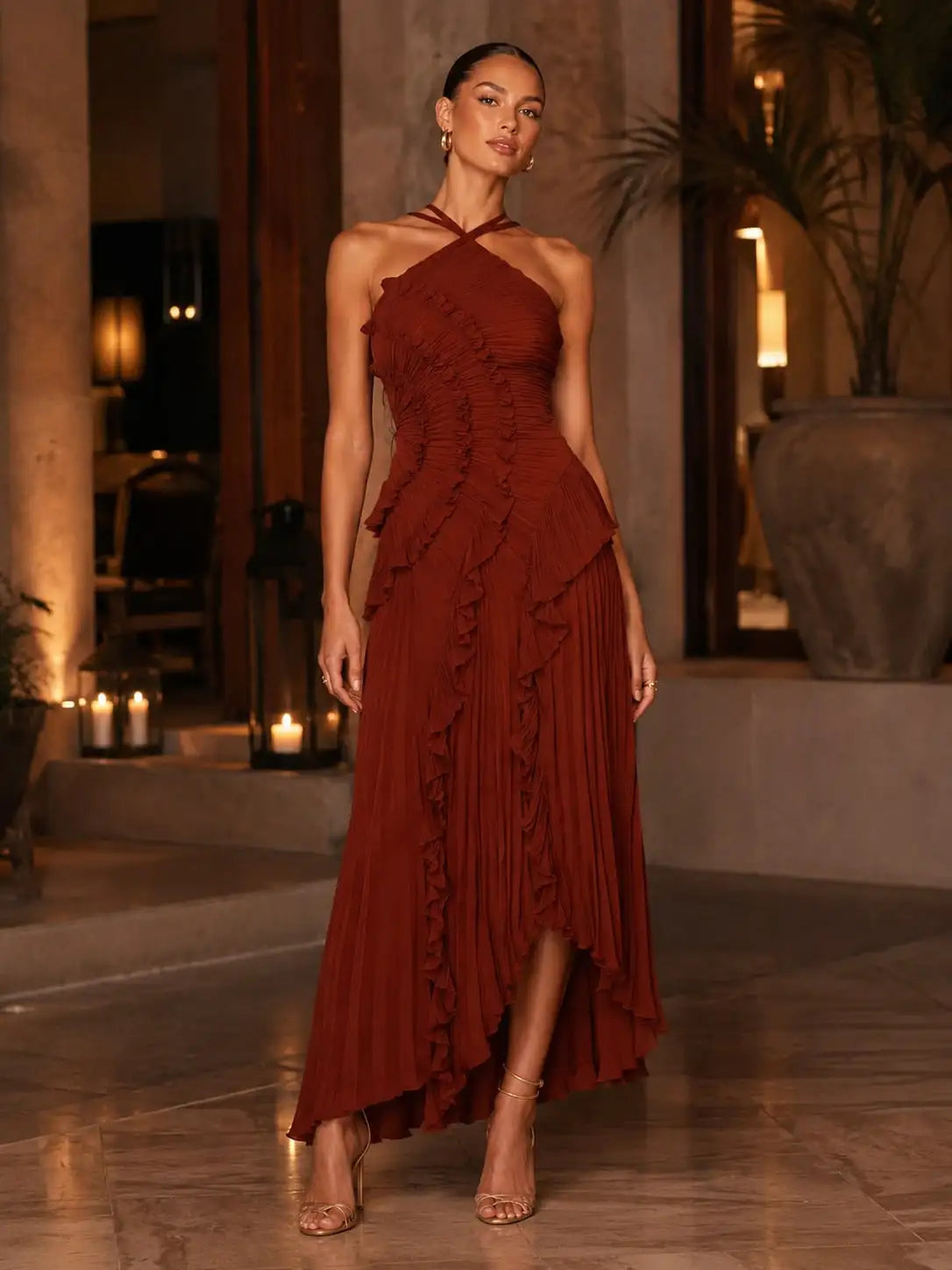 VIOLETTA | Chiffon One Shoulder Ruffle Maxi Dress
