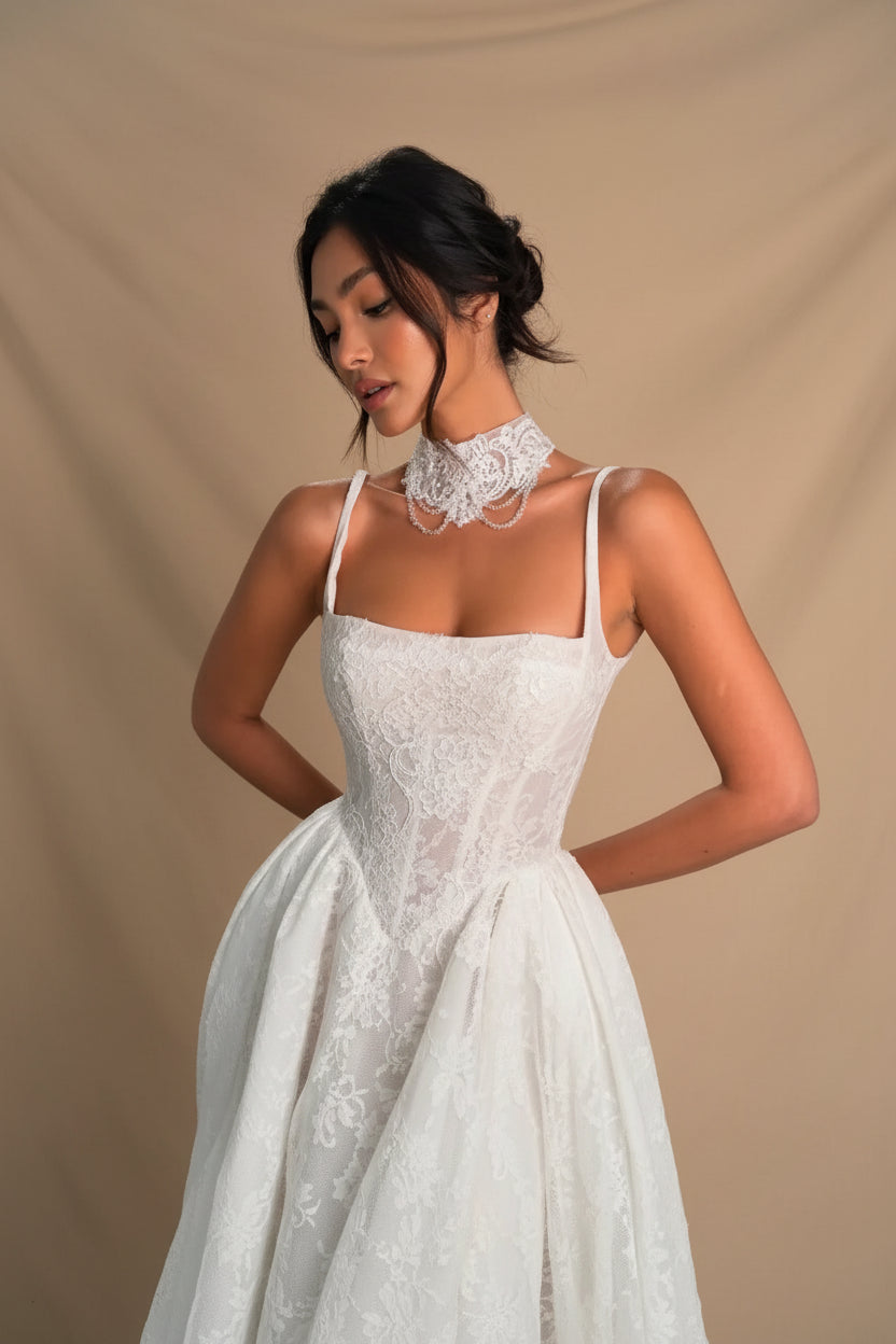 REBECCA | Elegant Spaghetti Strap White Lace A-Line Wedding Dress Bridal Gown