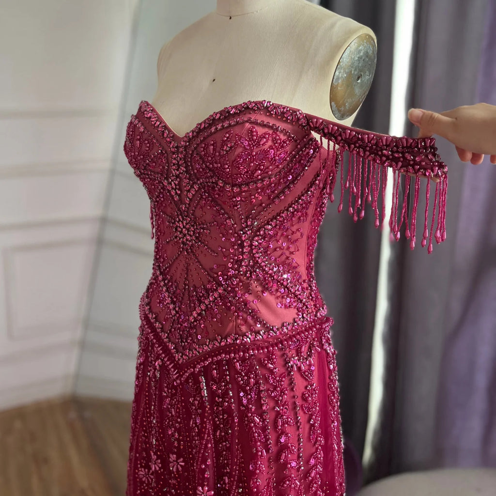AZARIA | Fuchsia Arabic Beaded A-Line Evening Gown for Formal Occasions