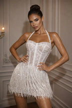 MARISOL | White Pearl Tassel Halter Mini Dress with Lace-Up Back